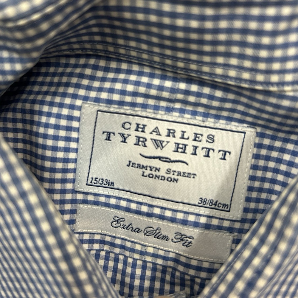 Charles Tyrwhitt Shirt Mens 15 33 Extra Slim Fit Blue White Plaid French Cuff - Picture 6 of 7